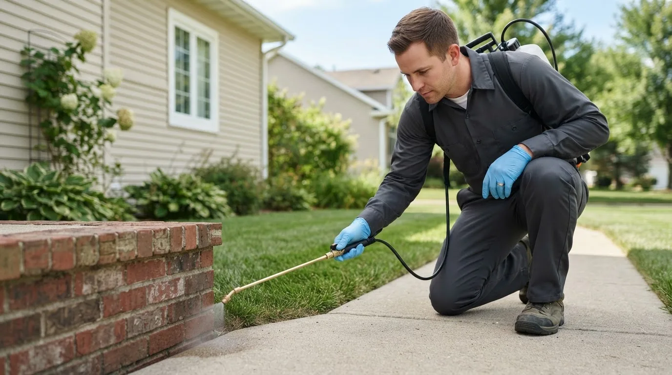 Pest control technician treating a home near East Haddam, CT